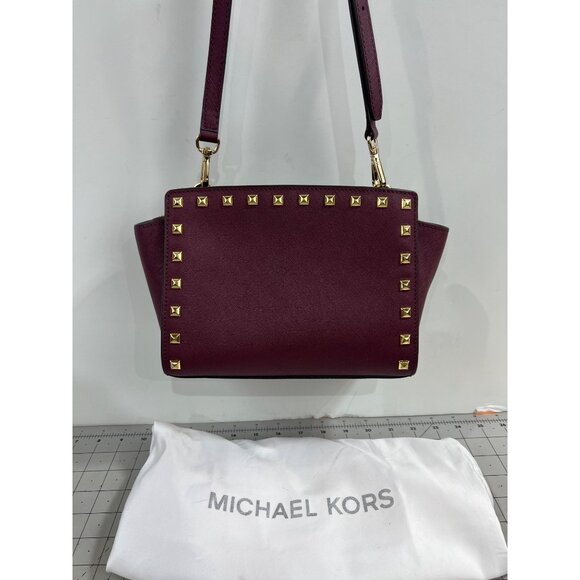 Michael Kors Selma Studded Saffiano Leather Messenger Crossbody Bag Merlot Plum - Picture 3 of 10